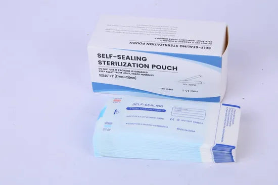 Box of 200 self-sealing sterilization pouches with dispenser-friendly blue-tinted film