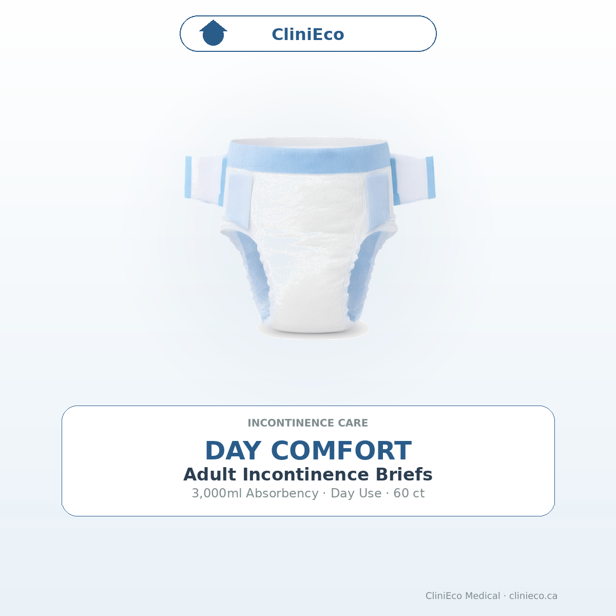CliniEco Day Comfort adult incontinence briefs 3,000 mL absorbency, day use, 60 count case