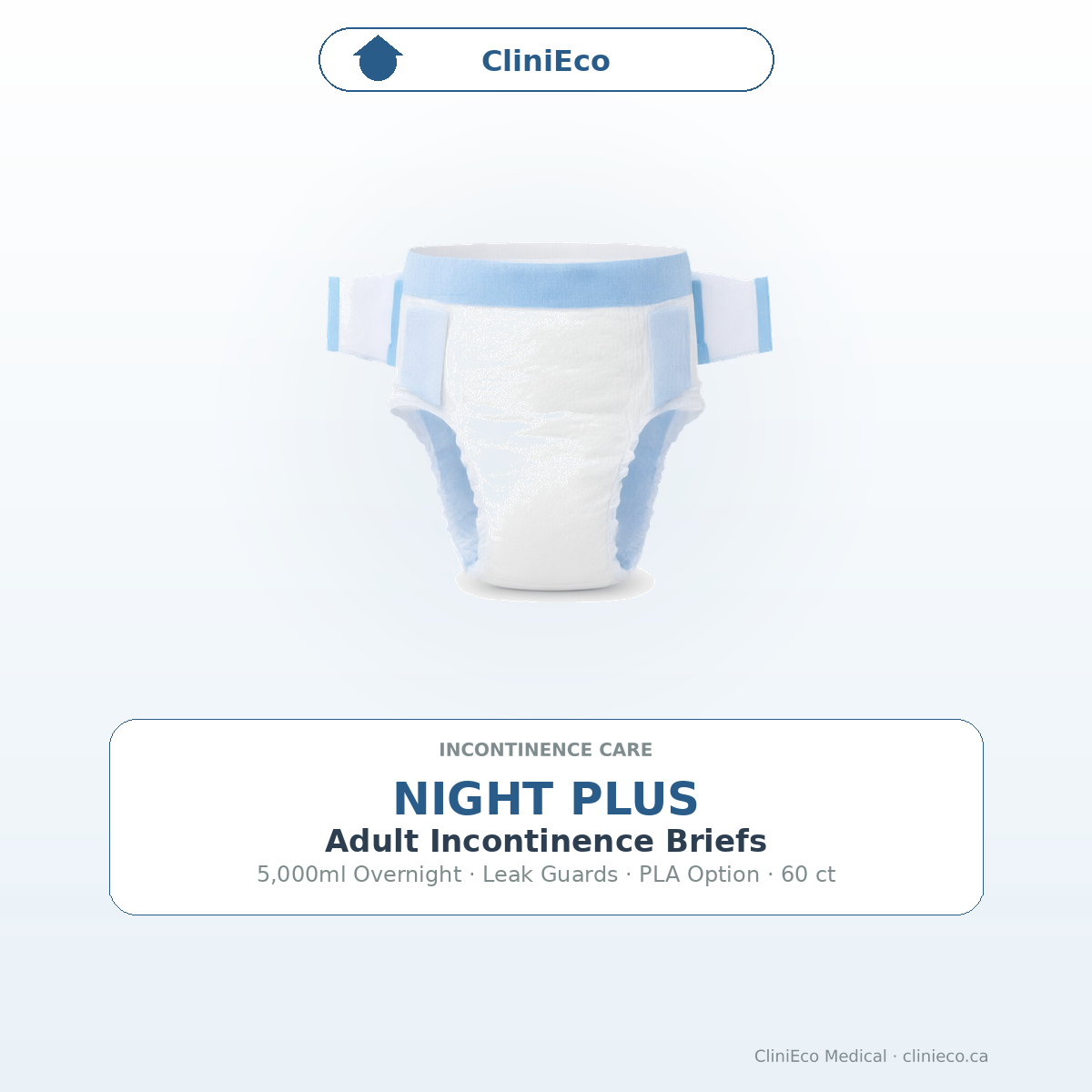CliniEco Night Plus adult incontinence briefs 5,000ml overnight absorbency, 60 count case