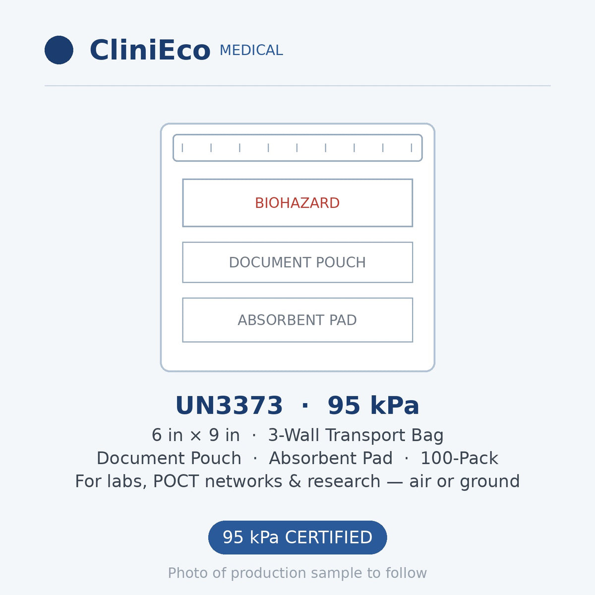 CliniEco Medical UN3373 95 kPa Specimen Transport Bag — 6x9, 3-wall, 100-pack