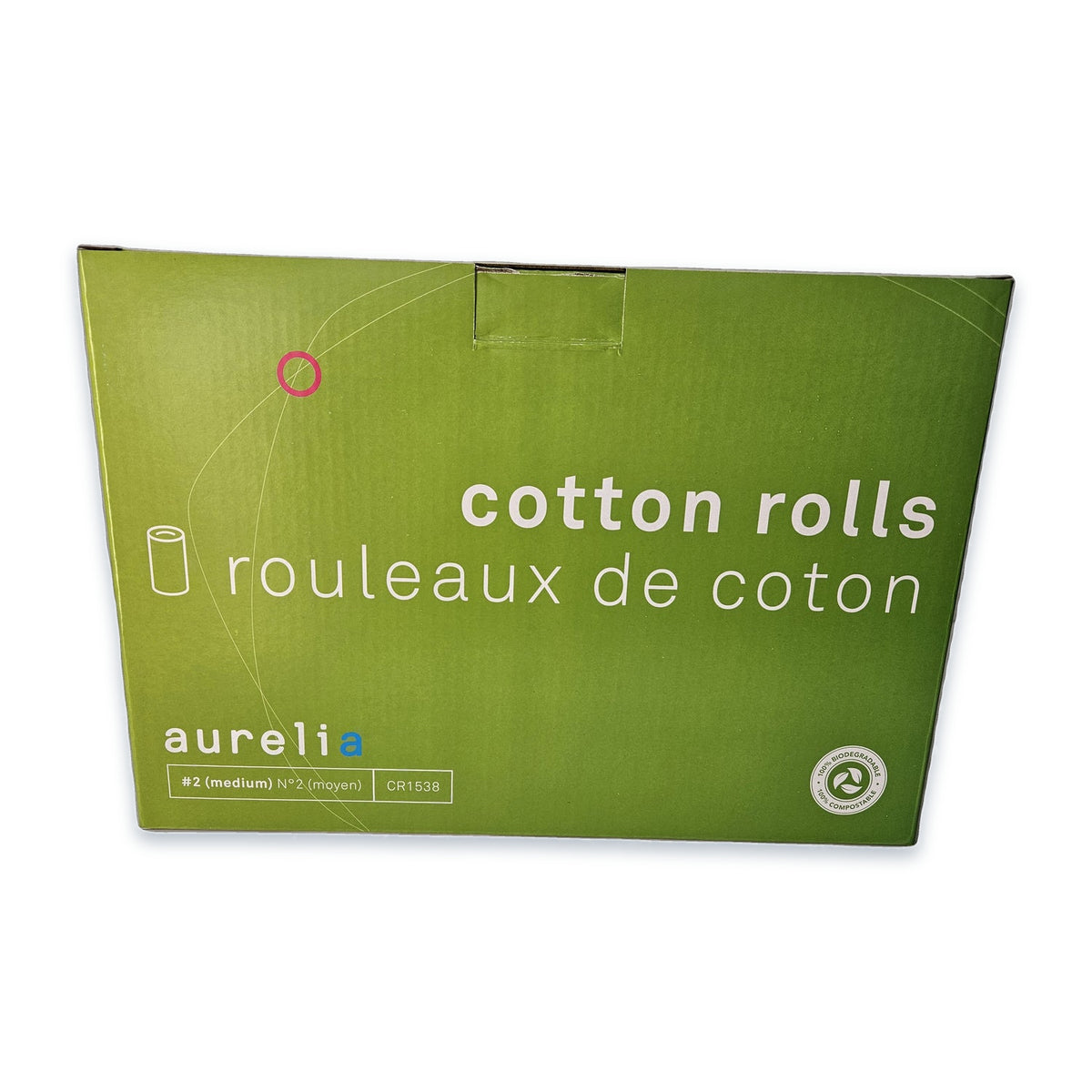 Aurelia Cotton Rolls #2 Medium CR1538 (AUR-CR1538-2PK) — 2,000 per box, 100% cotton, dental cotton rolls, front of box