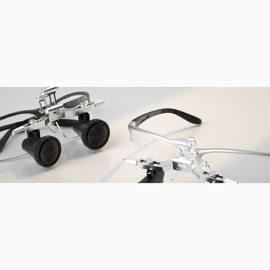 Flip-up dental loupes side profile — Galilean optics, universal T-mount