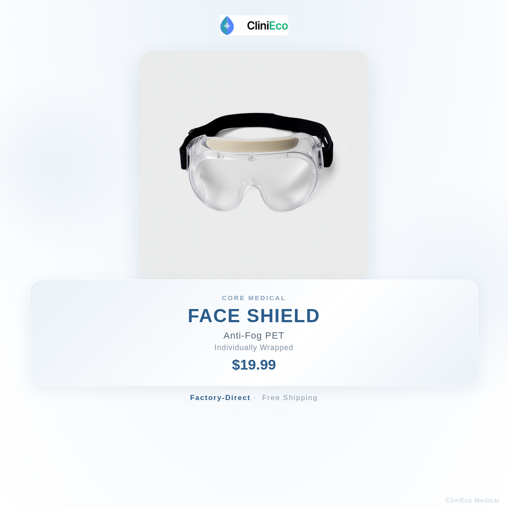 CliniEco Medical Face Shield — Anti-Fog PET, Individually Wrapped, 24-Pack