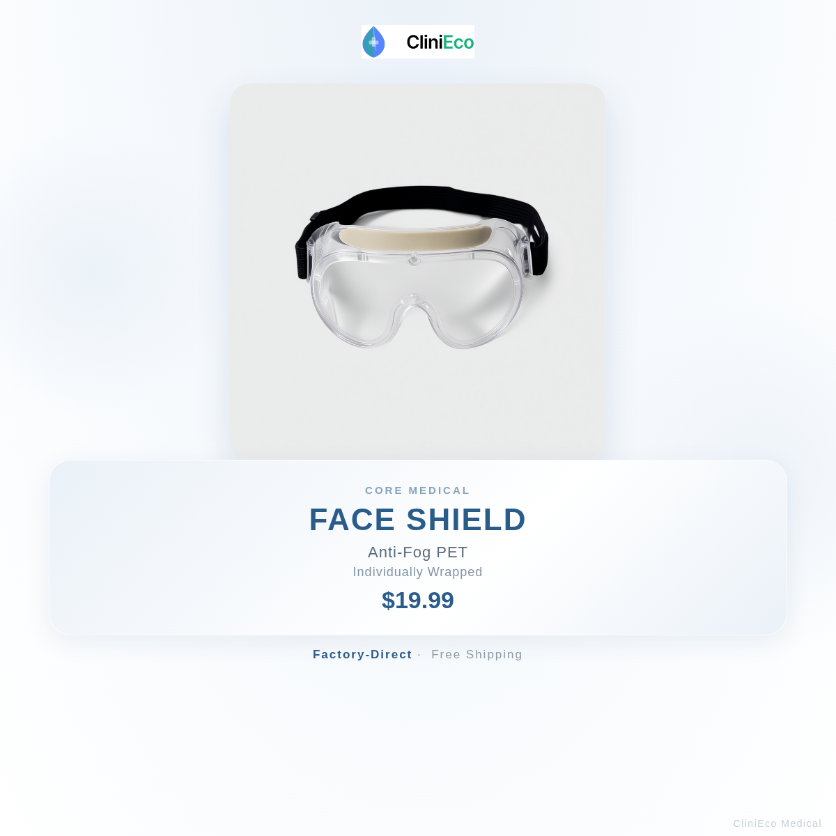 CliniEco Medical Face Shield — Anti-Fog PET, Individually Wrapped, 24-Pack