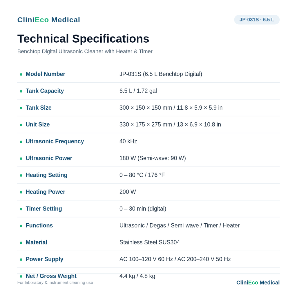 CliniEco Ultrasonic Cleaner — specs