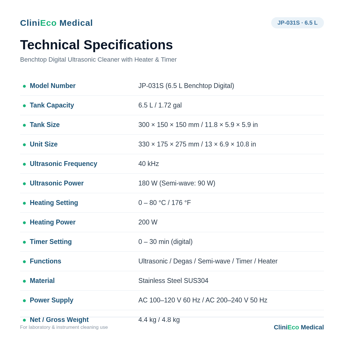 CliniEco Ultrasonic Cleaner — specs