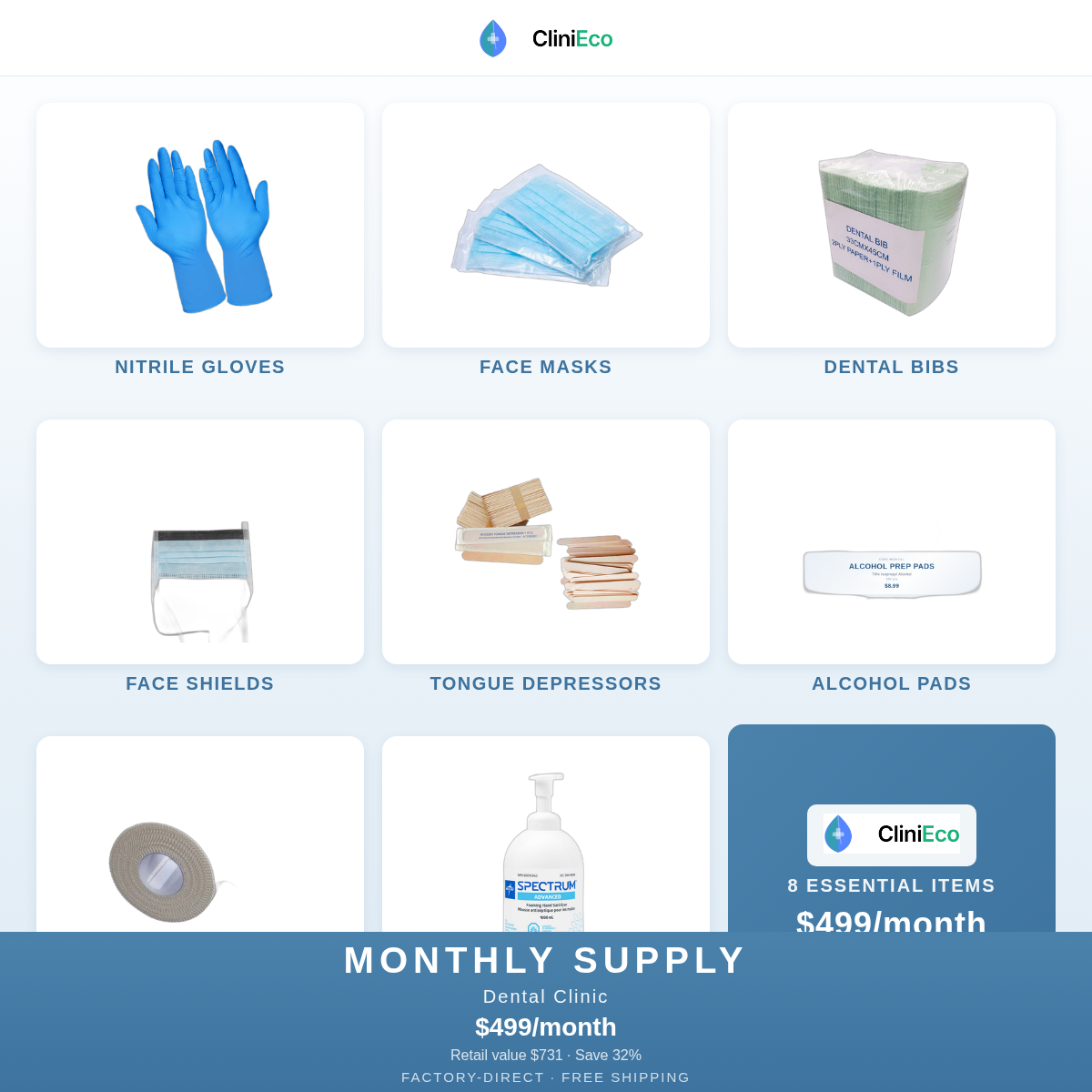 CliniEco Dental Clinic Monthly Supply — $499/month