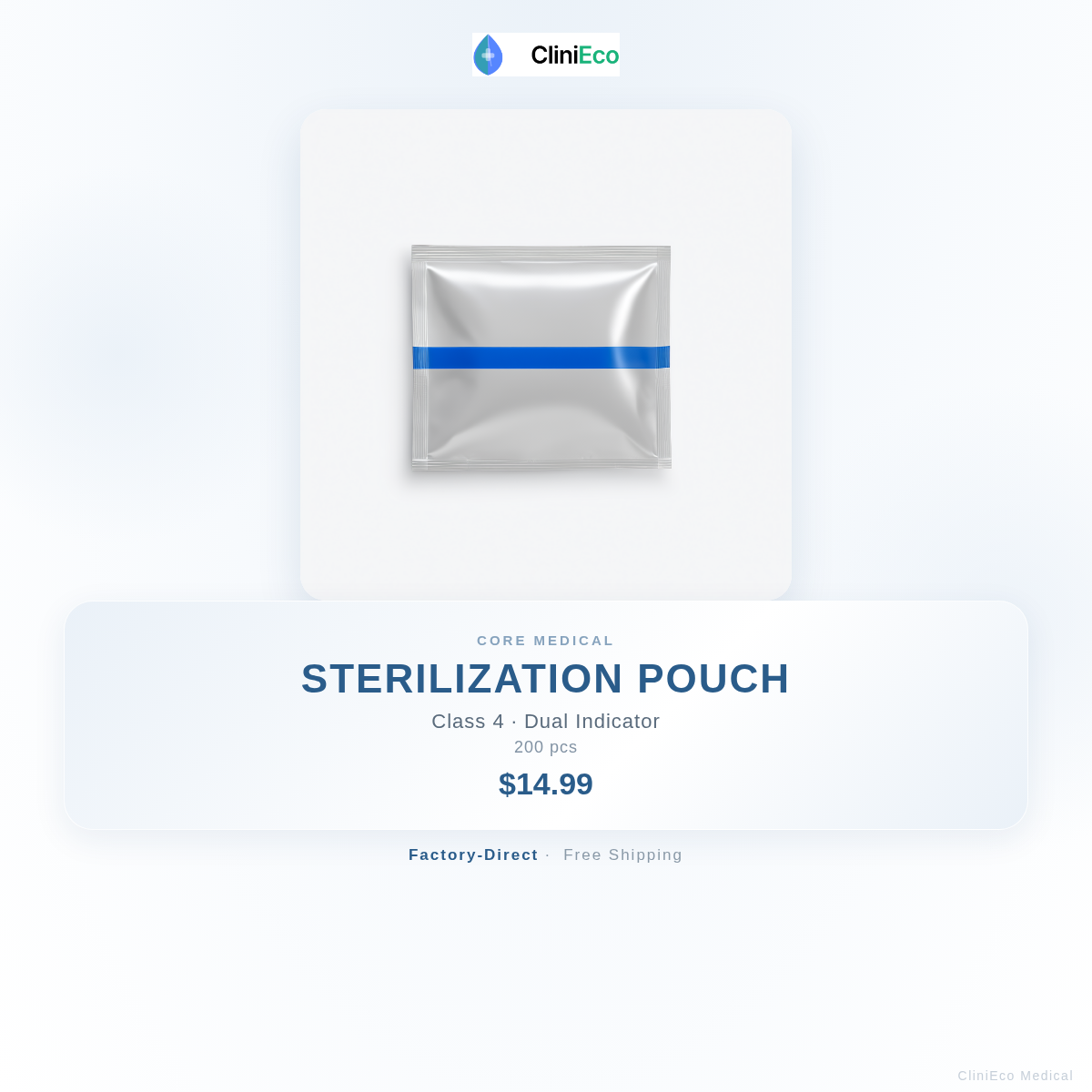 CliniEco Medical Sterilization Pouch — Class 4 Dual Indicator, Assorted Sizes (200-Pack)