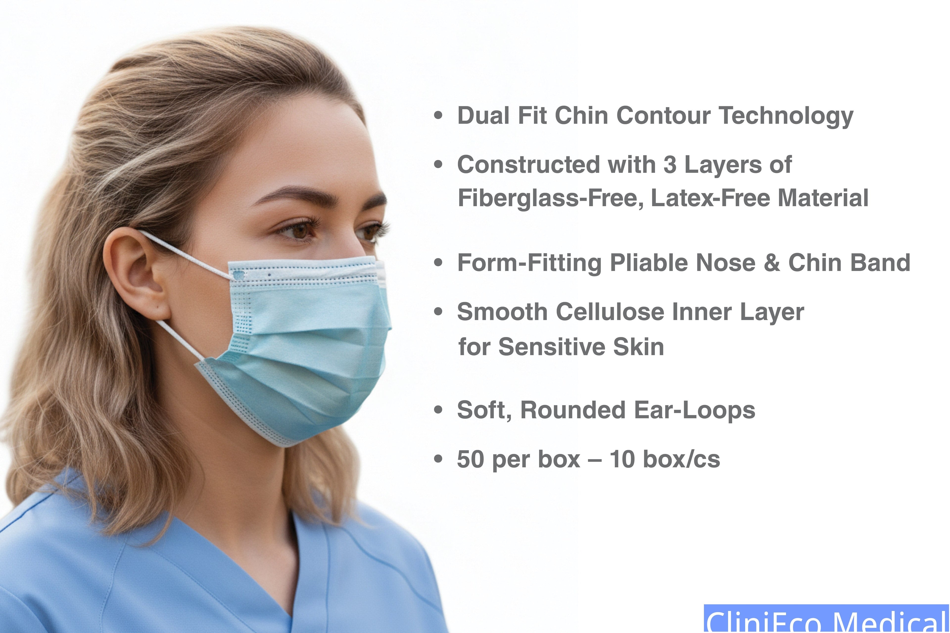 CliniEco Medical Face Mask — 3-Ply, ASTM Level 1, 50-Pack Bulk - Image 3