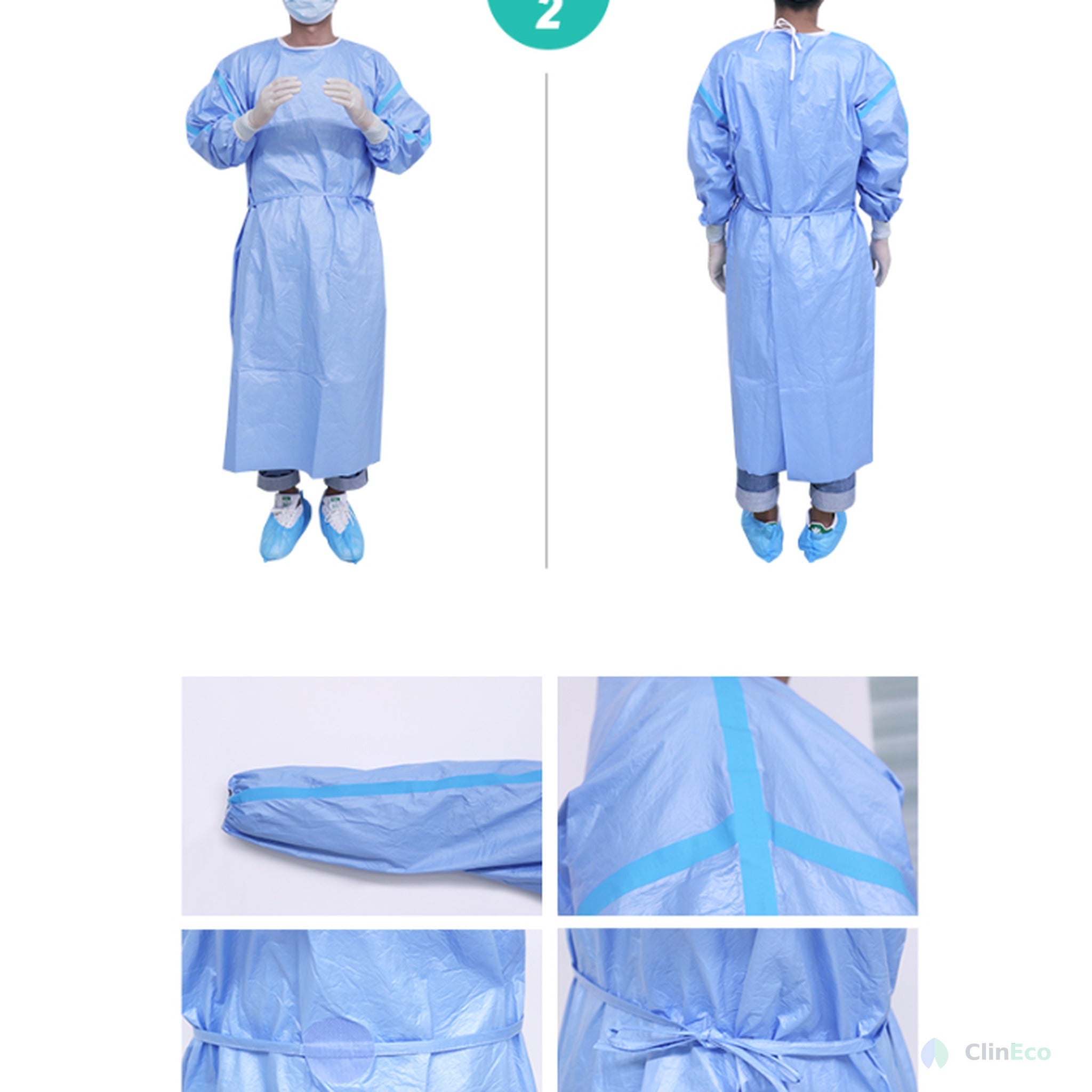 CliniEco Medical Isolation Gown — SMMS 40gsm Level 2 Protection, 50-Pack