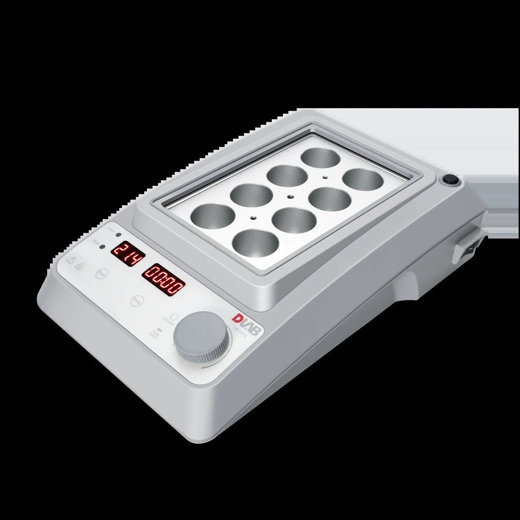 DLAB HB120-S heating block close-up showing the aluminium block wells and the LED display