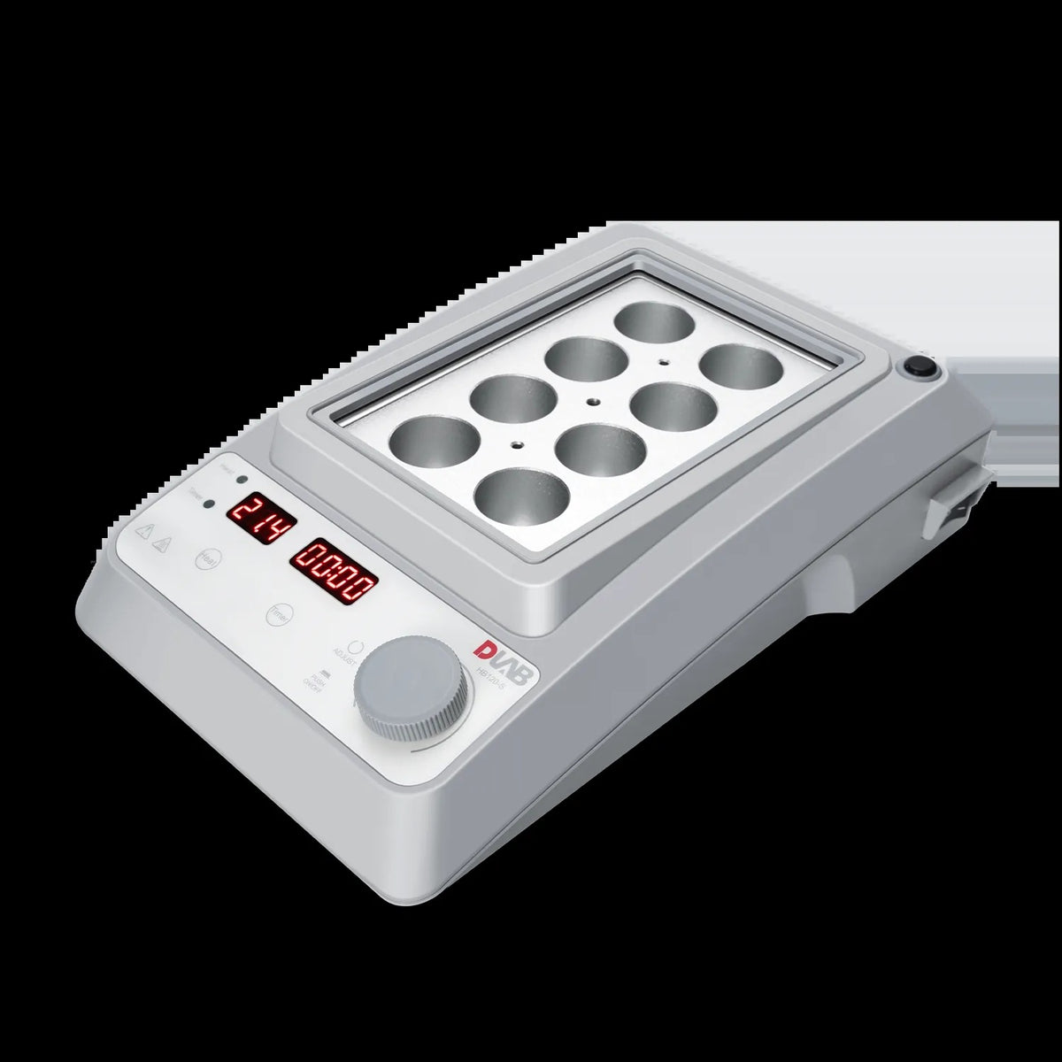 DLAB HB120-S heating block close-up showing the aluminium block wells and the LED display