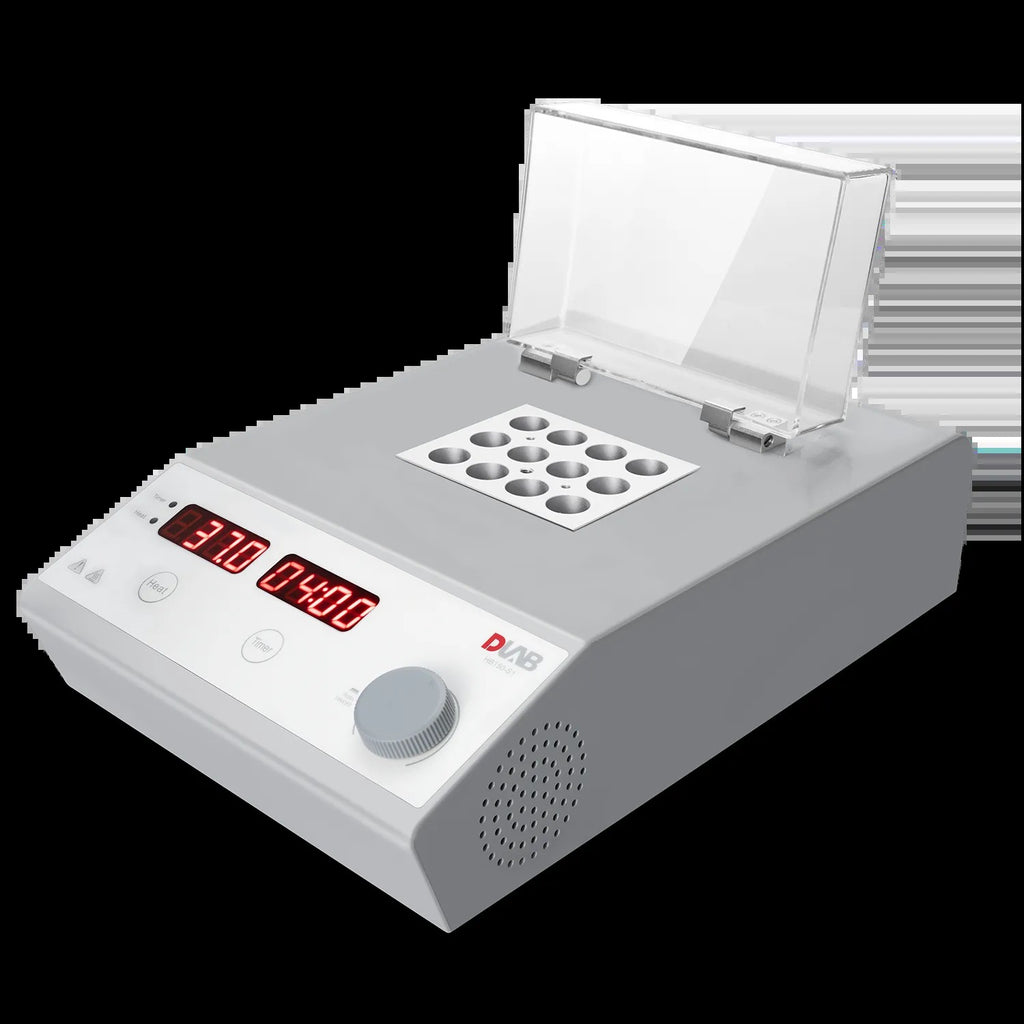 DLAB HB120-S dry bath incubator with the lid closed over an aluminium heating block