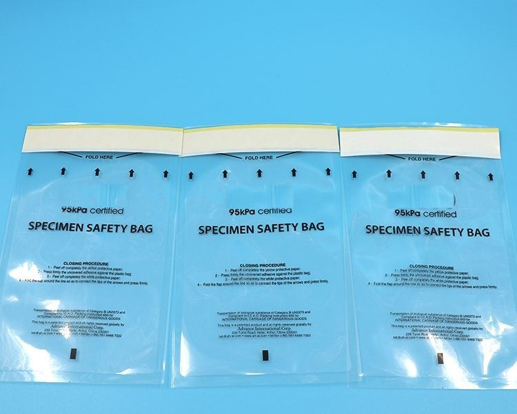 95 kPa specimen safety bags — three bags, adhesive closure, printed UN3373 Category B