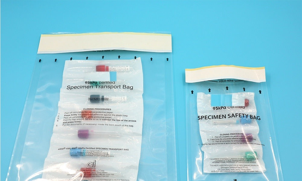 95 kPa specimen safety bag — flat lay showing adhesive closure and printed closing procedure