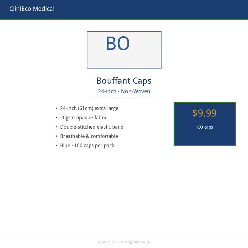 CliniEco Medical Bouffant Caps — 24-inch, Non-Woven, 100-Pack