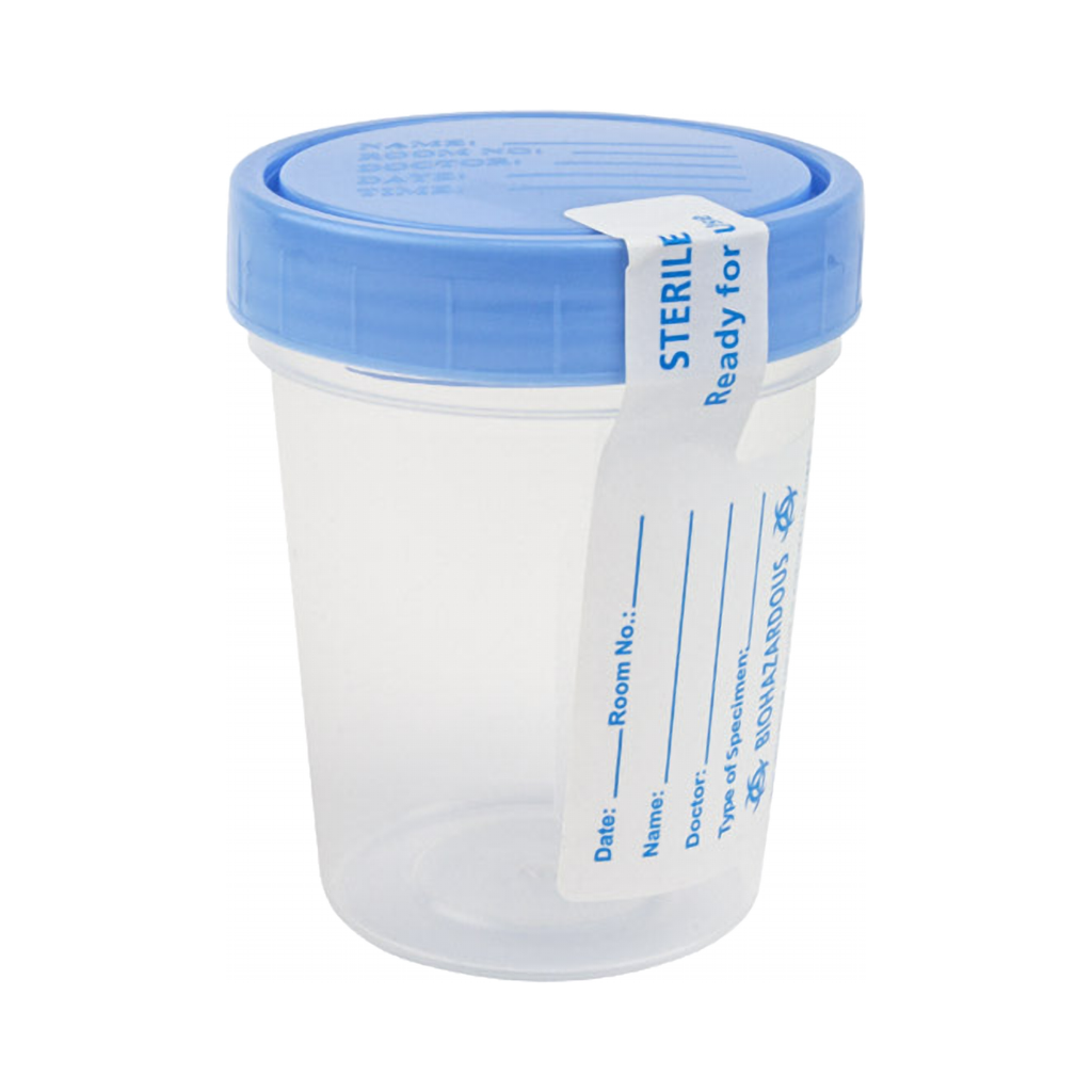 Sterile specimen container 120 mL — screw cap, tamper-evident label, single unit