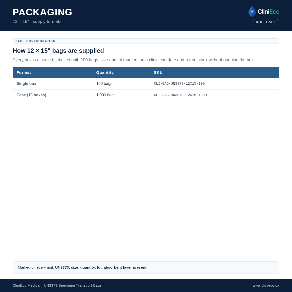 CliniEco UN3373 specimen bag 12x15 in — packaging