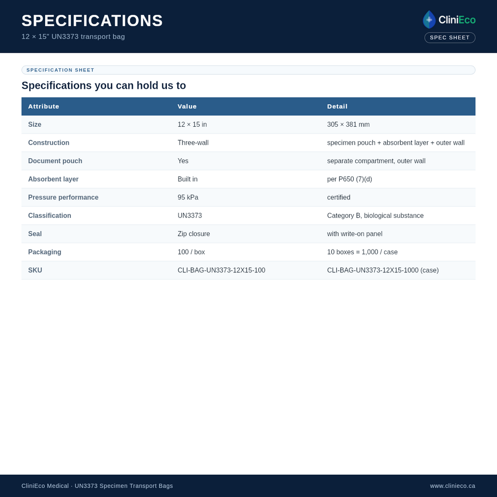 CliniEco UN3373 specimen bag 12x15 in — specs