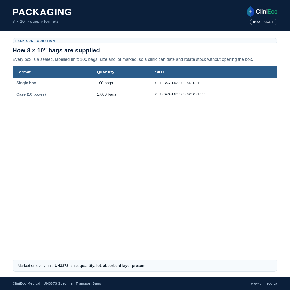 CliniEco UN3373 specimen bag 8x10 in — packaging